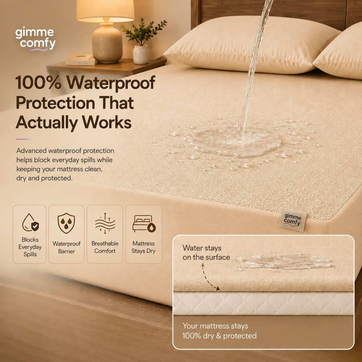 Premium Cotton Feel Terry with Elastic fitted Style Waterproof Mattress Protector (Beige)