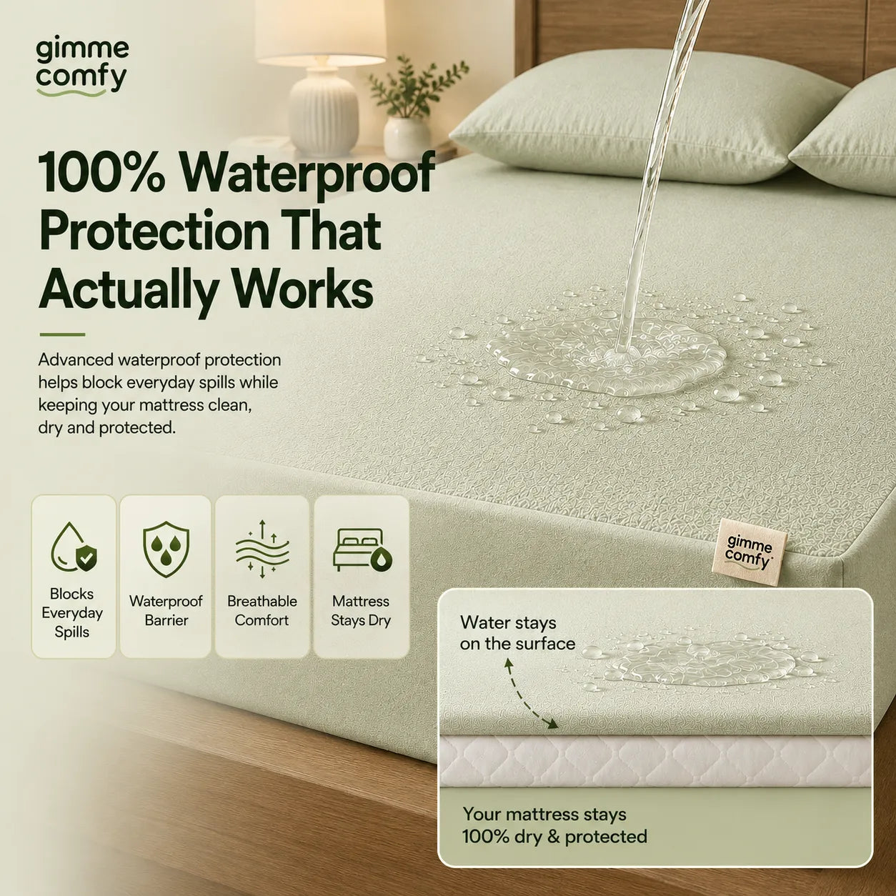 Premium Cotton Feel Terry with Elastic fitted Style Waterproof Mattress Protector (Light Green)