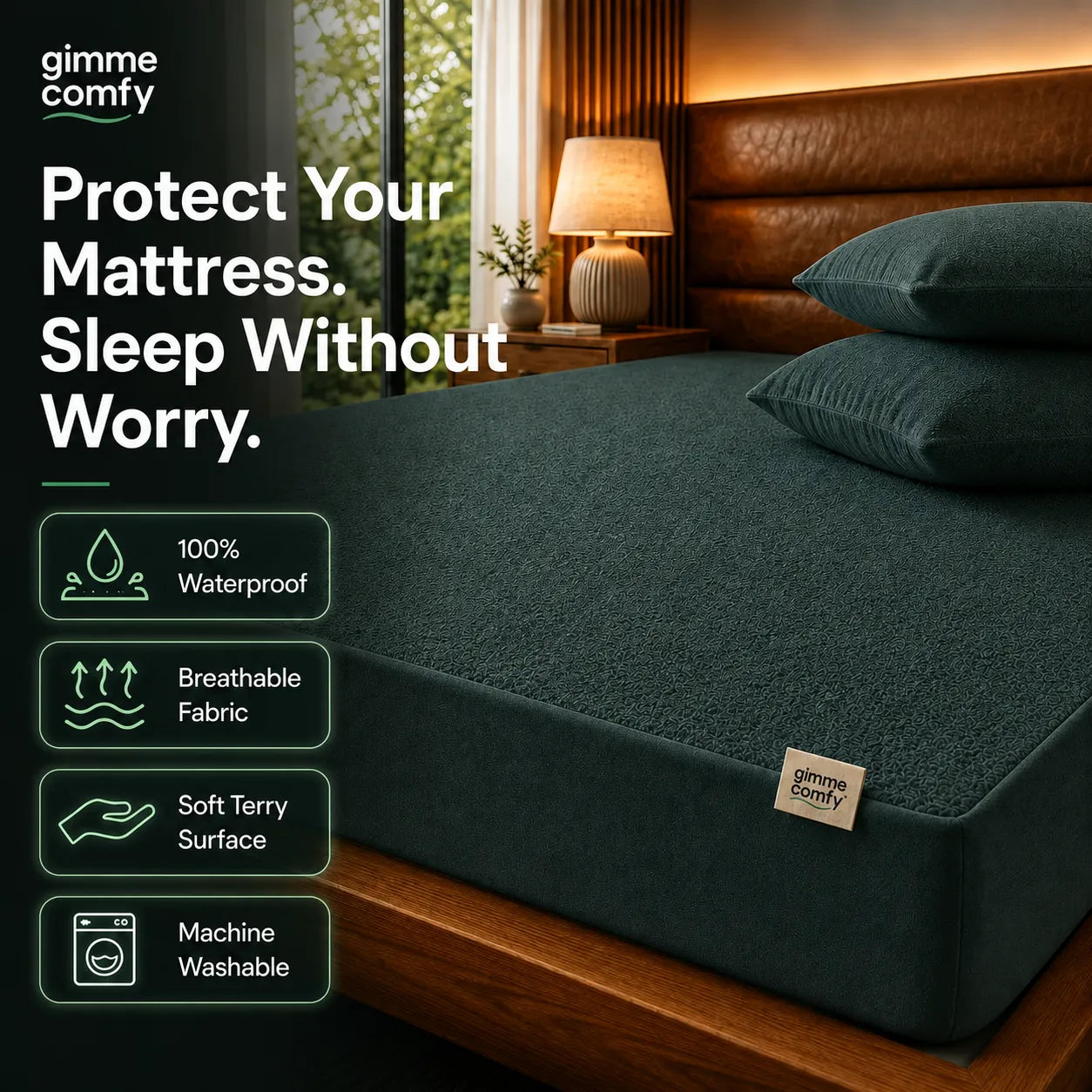 Premium Cotton Feel Terry with Elastic fitted Style Waterproof Mattress Protector (Dark Green)