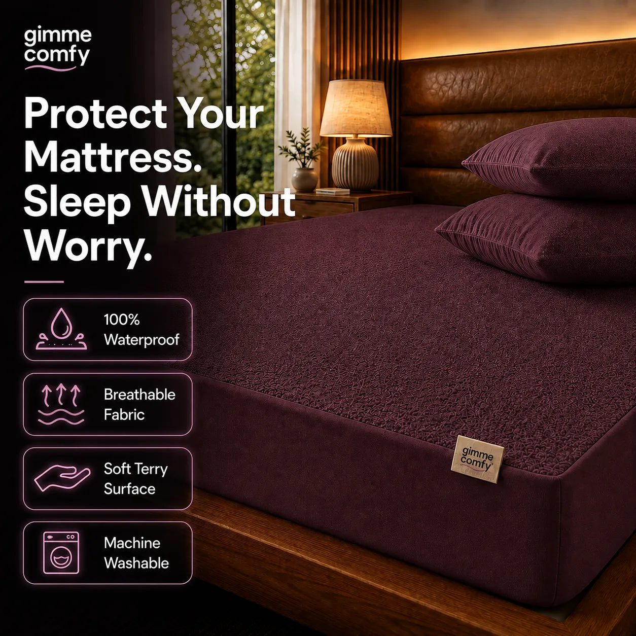 Premium Cotton Feel Terry with Elastic fitted Style Waterproof Mattress Protector (Beetroot)