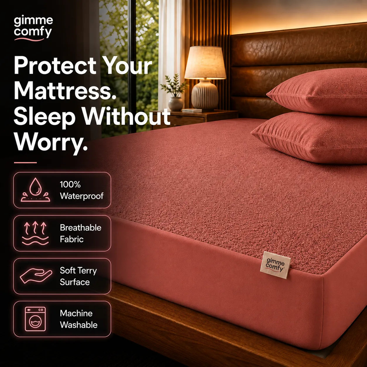 Premium Cotton Feel Terry with Elastic fitted Style Waterproof Mattress Protector (Maroon)