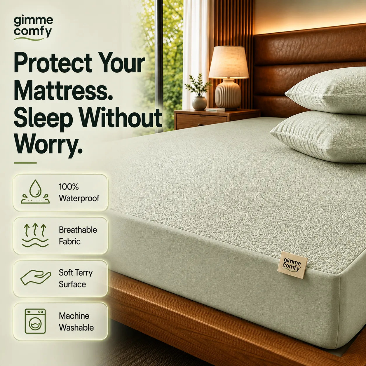 Premium Cotton Feel Terry with Elastic fitted Style Waterproof Mattress Protector (Light Green)
