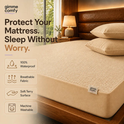 Premium Cotton Feel Terry with Elastic fitted Style Waterproof Mattress Protector (Beige)