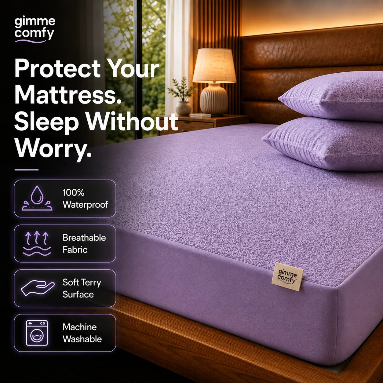 Premium Cotton Feel Terry with Elastic fitted Style Waterproof Mattress Protector (Lavender)