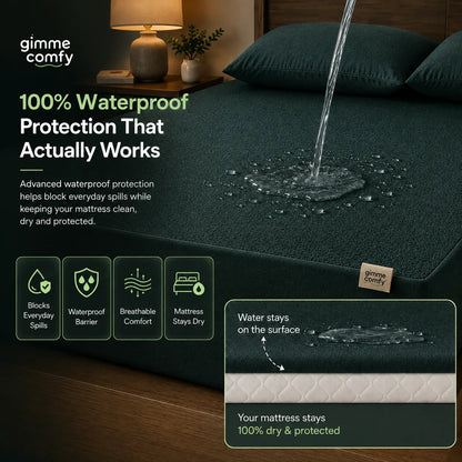 Premium Cotton Feel Terry with Elastic fitted Style Waterproof Mattress Protector (Dark Green)