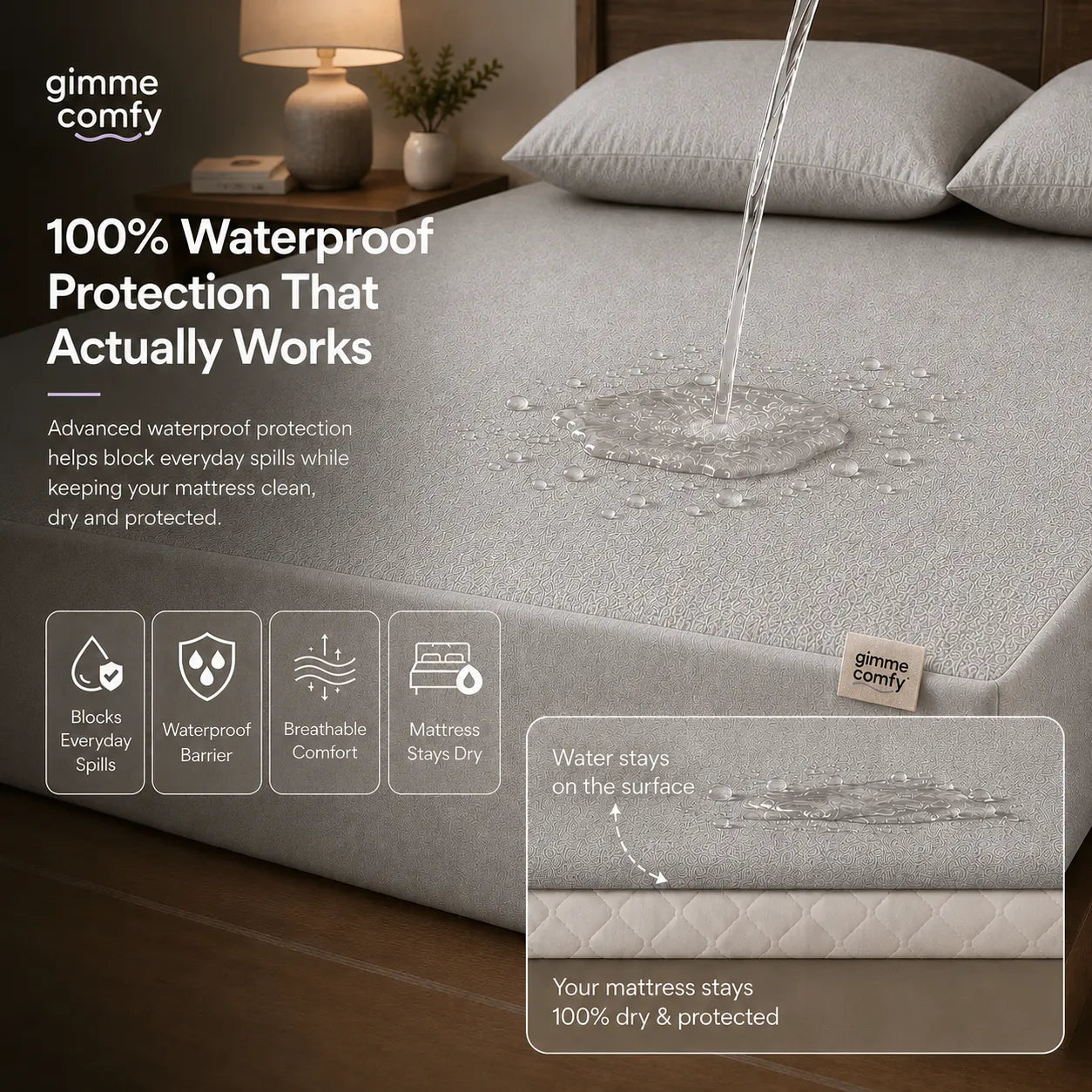 Premium Cotton Feel Terry with Elastic fitted Style Waterproof Mattress Protector (Light Grey)
