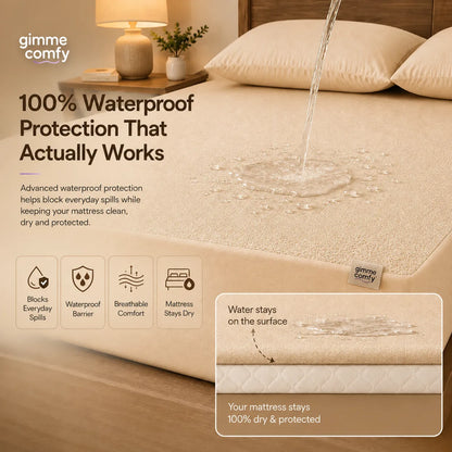 Premium Cotton Feel Terry with Elastic fitted Style Waterproof Mattress Protector (Beige)