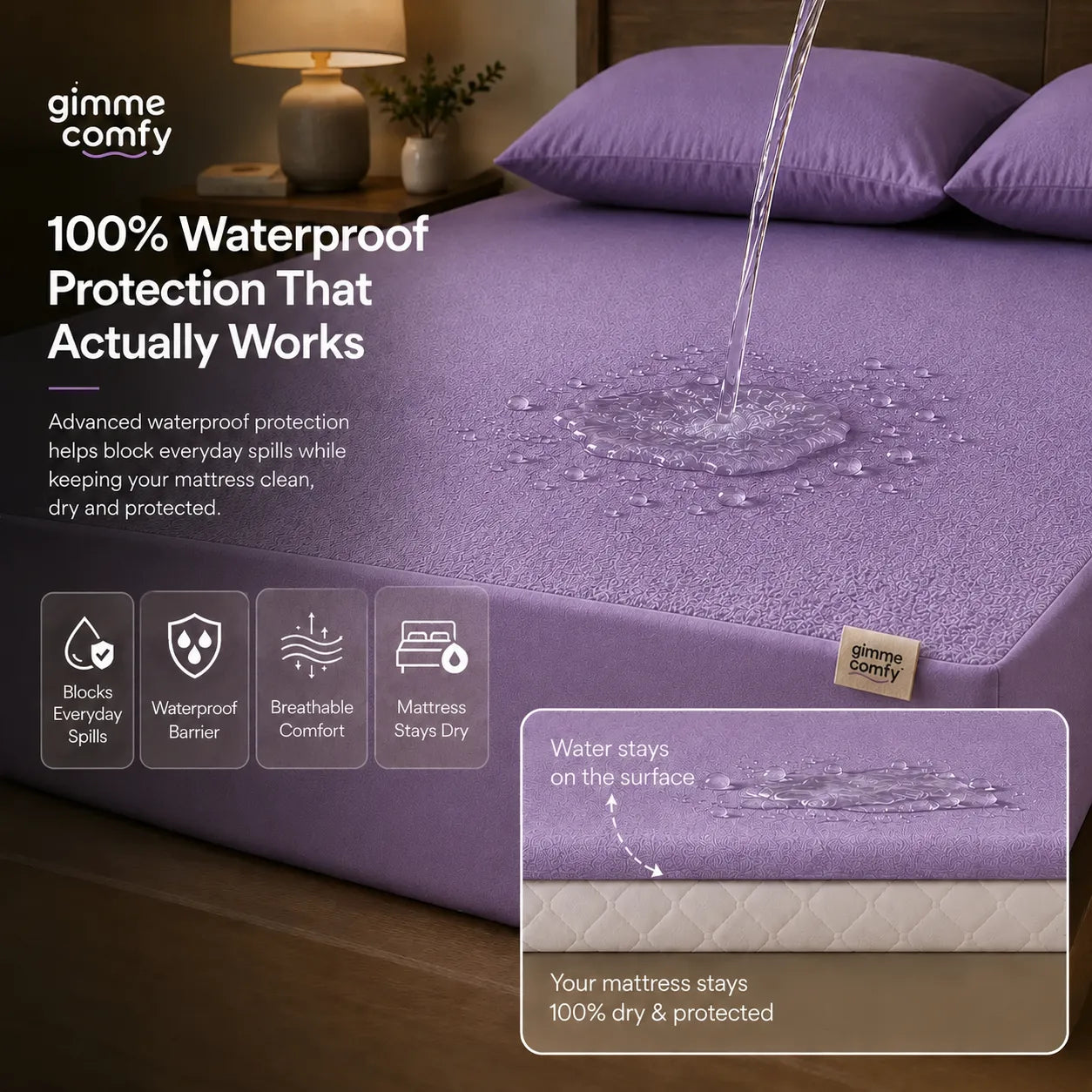 Premium Cotton Feel Terry with Elastic fitted Style Waterproof Mattress Protector (Lavender)